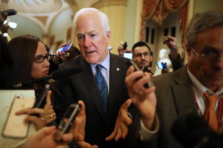 WASHINGTON, DC - NOVEMBER 30: Senate Majority Whip John Cornyn (R-TX) talks to reporters at the U.S. Capitol November 30, 2017 in Washington, DC. The Senate is debating the proposed GOP tax reform bill and hopes to pass it before the end of the week. (Photo by Chip Somodevilla/Getty Images)